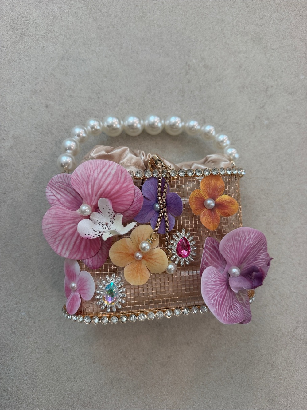 NWOT Handcrafted Floral Embellished Pearl-Handle Evening Bag - Pink & Multi